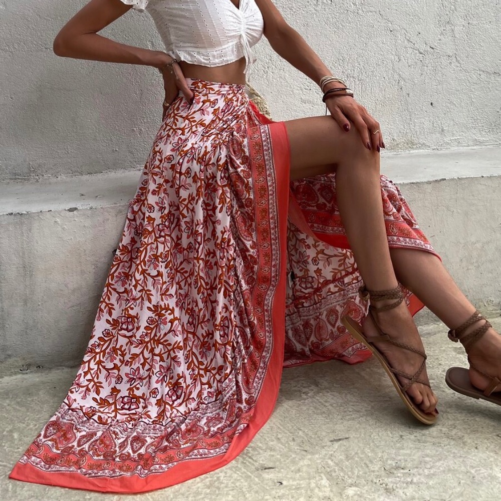 Boho Blue Floral Print Ruffle Wrap maxi Skirt - Picture 3 of 11